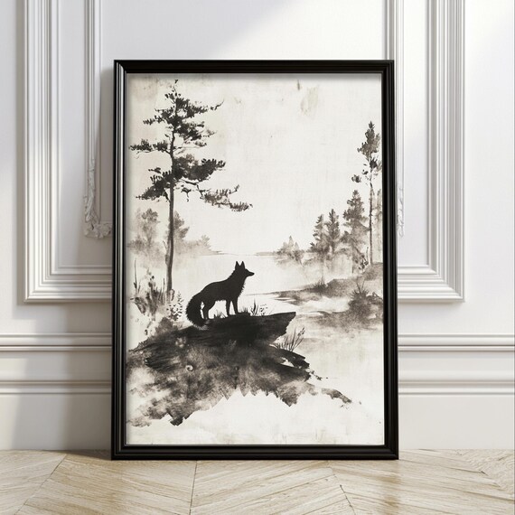 Fox Silhouette Misty Pine Forest Japanese Ink Minimalist Art Poster