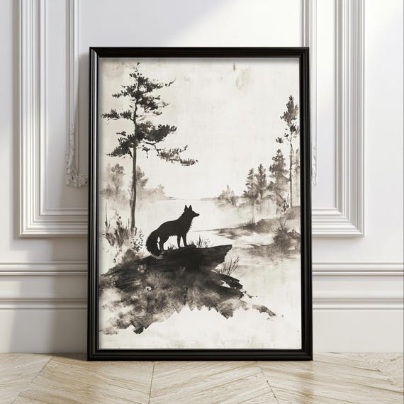 Fox Wall Art Japanese Ink Print Zen Minimalist Decor Black And White Trendy Vintage Nature