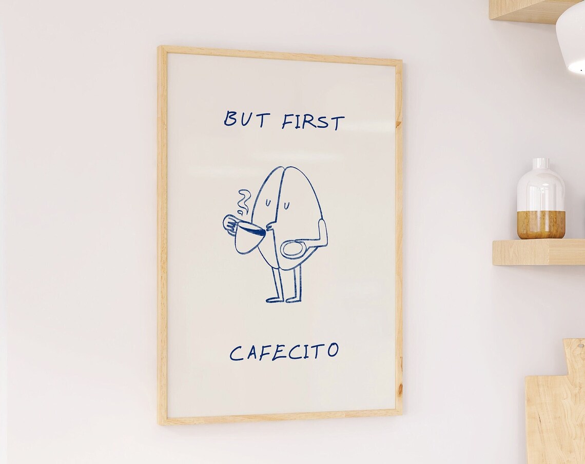 But First Cafecito Cute Coffee Bean Line Drawing Kitchen Print