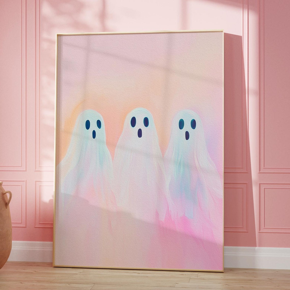 Three Cute Ghosts on Pink Pastel Halloween Background Wall Art