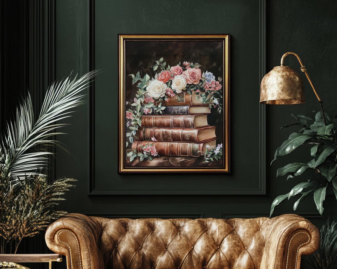 Stack Of Vintage Books With Pink Roses Dark Moody Library Poster - Image 3