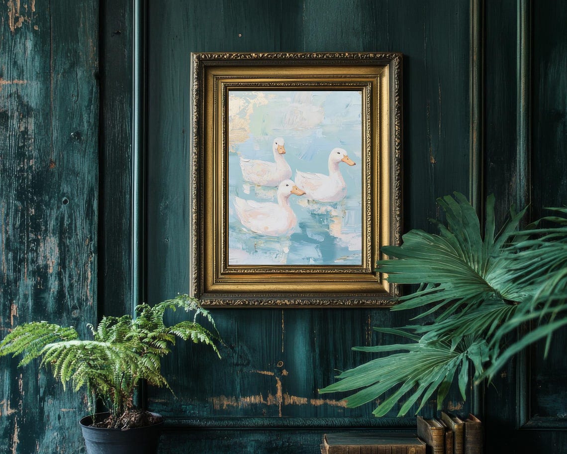 Three White Ducks On Blue Water Pastel Duck Pond Painting Poster - Image 4