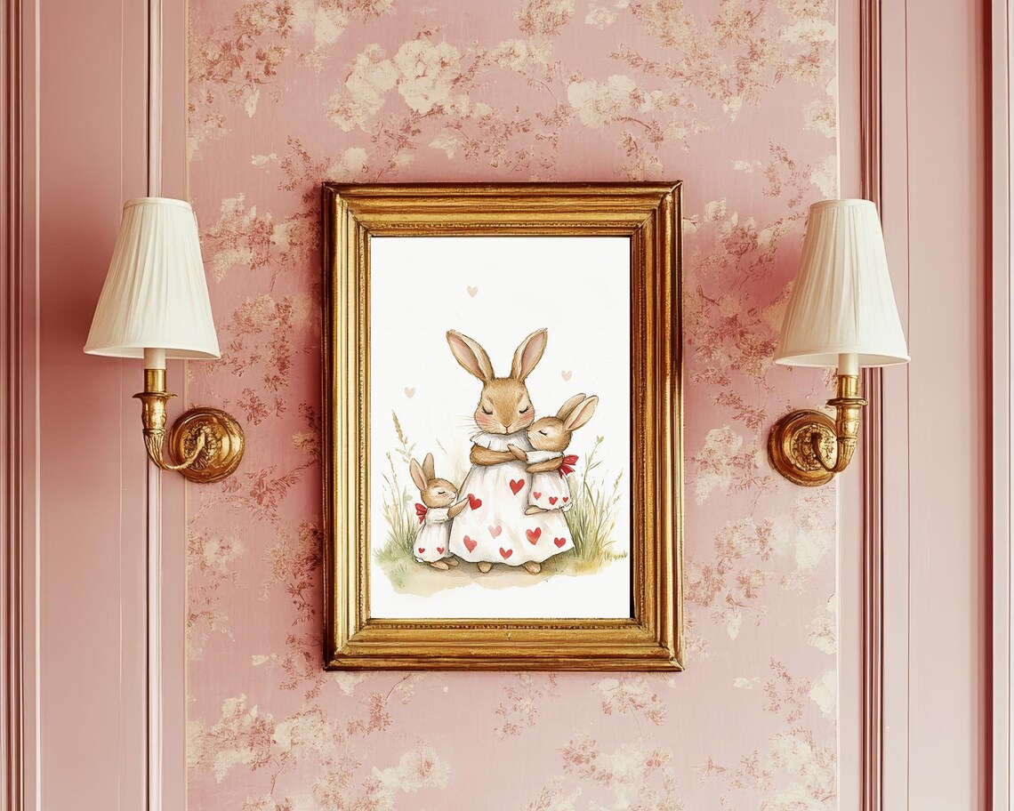 Mama Rabbit With Baby Bunnies Heart Dress Nursery Watercolor Poster - Image 2