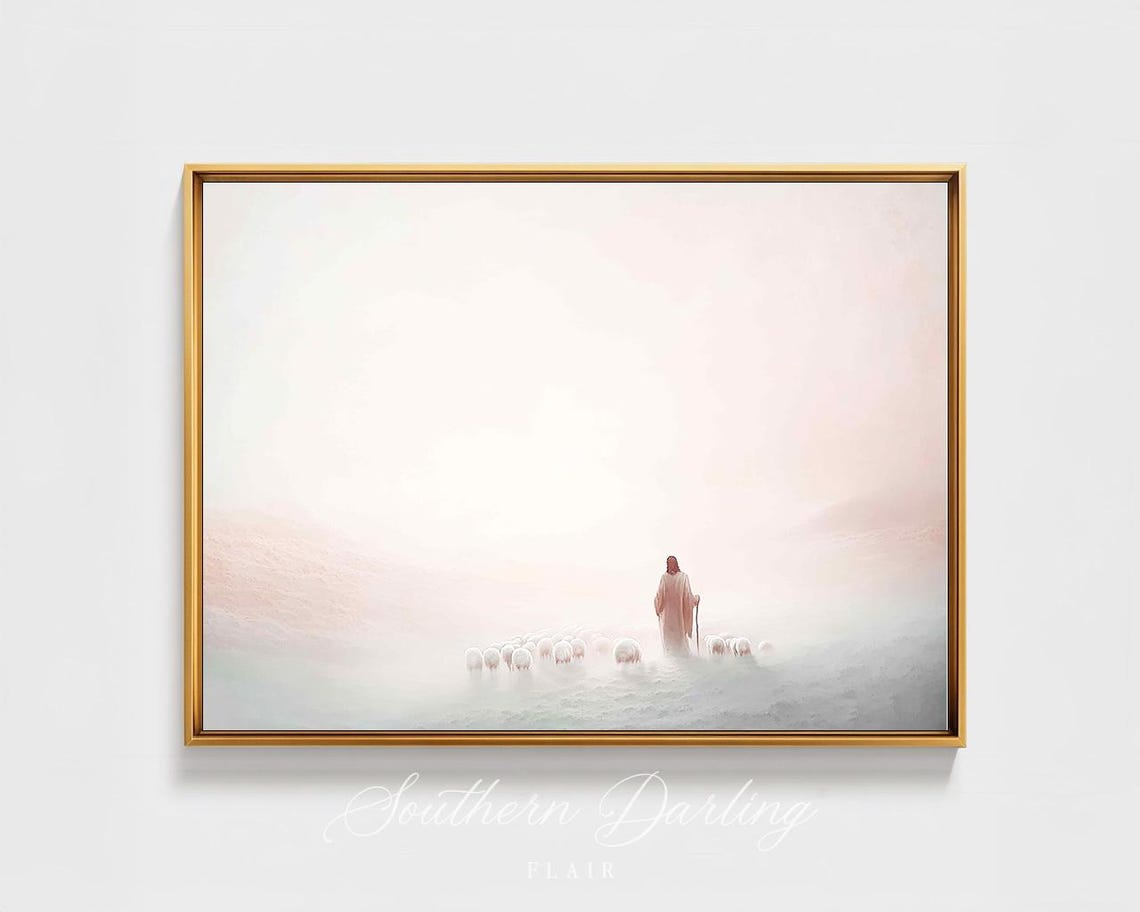 Jesus The Good Shepherd Leading Sheep Through Soft Morning Mist Poster - Image 4