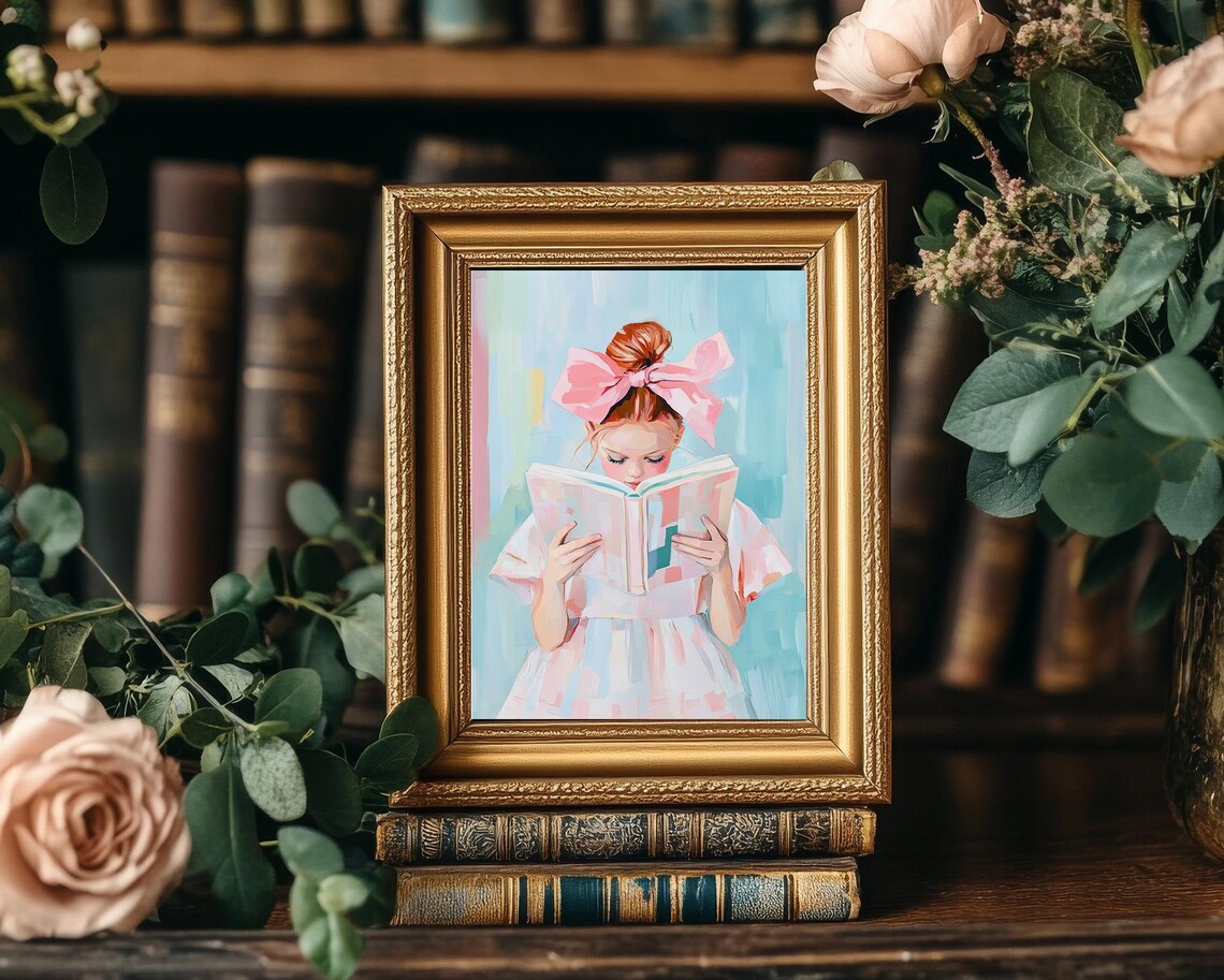 Redhead Girl Reading Book With Big Pink Bow Nursery Art Poster - Image 4
