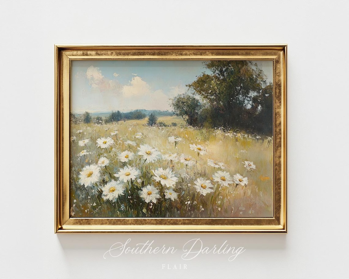 Vintage White Daisy Field Wildflower Meadow Country Landscape Poster