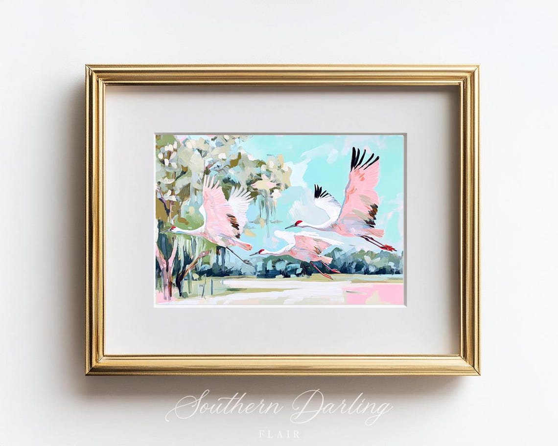 Three Sandhill Cranes In Flight Over A Pastel Marsh Landscape Poster