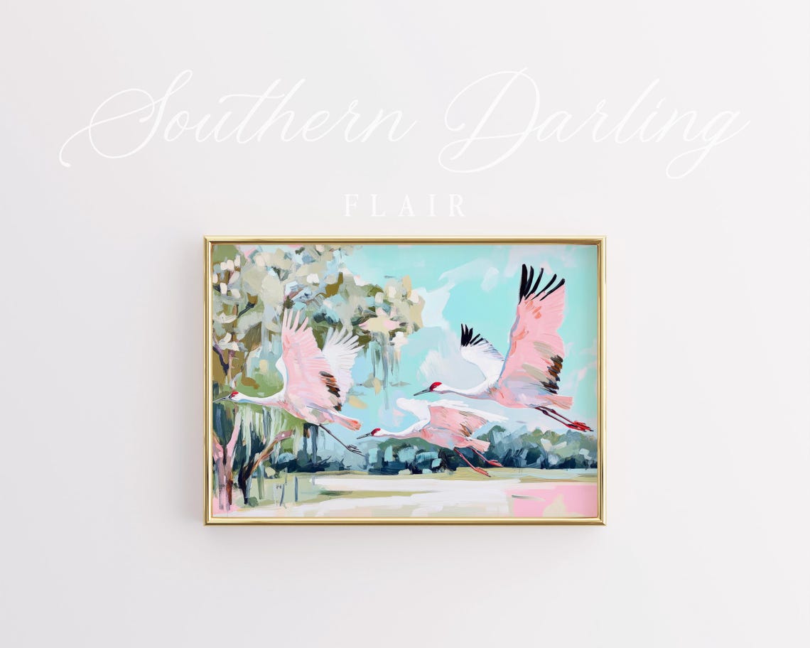Three Sandhill Cranes In Flight Over A Pastel Marsh Landscape Poster - Image 3