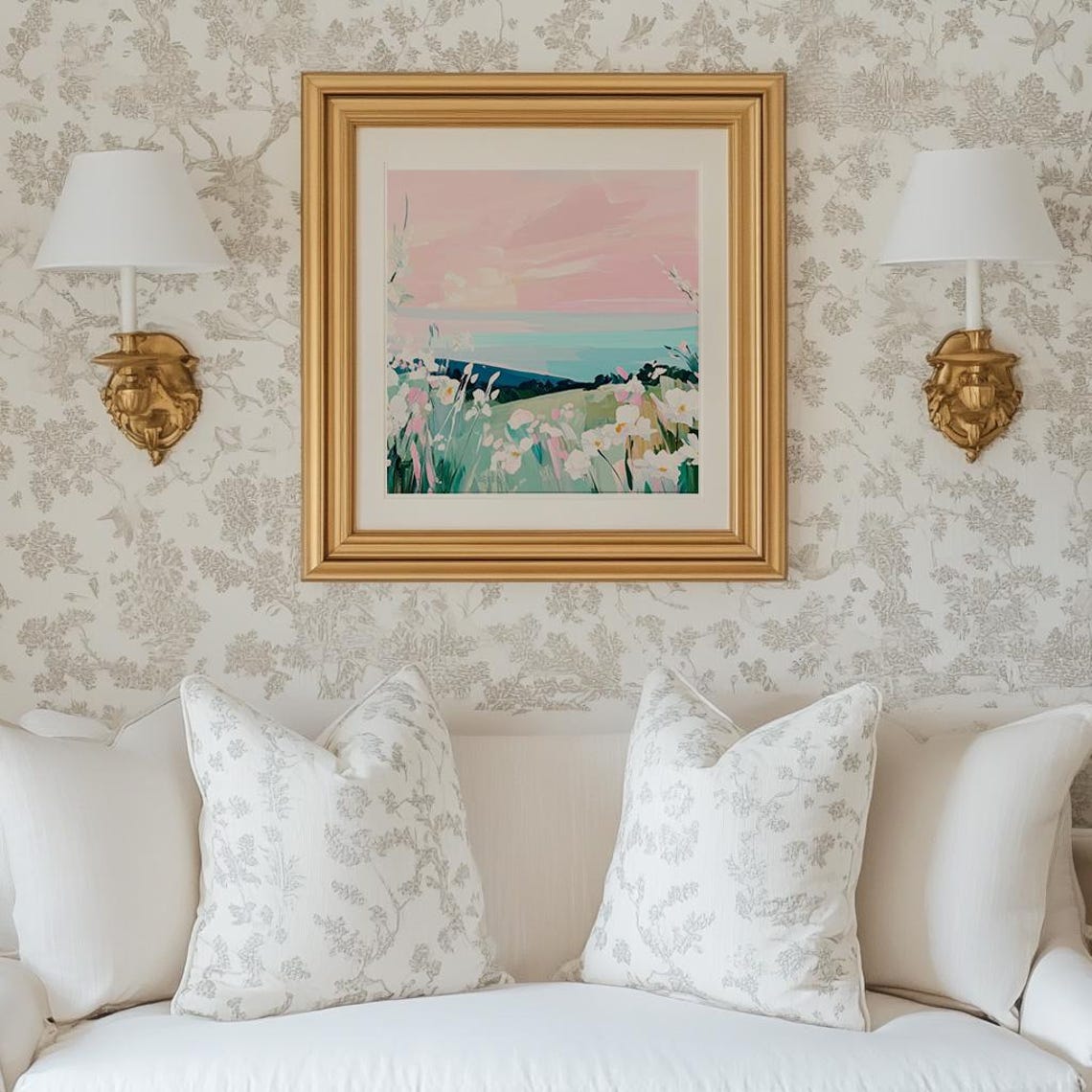 White Wildflowers Meadow Under A Pink Sky Pastel Landscape Poster - Image 5