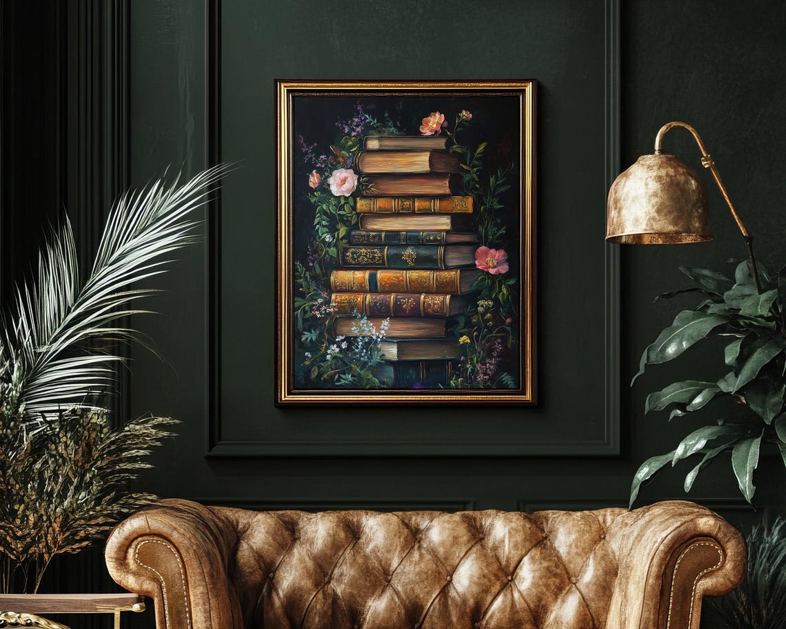 Tall Stack Of Antique Books With Flowers Dark Library Art Poster - Image 5