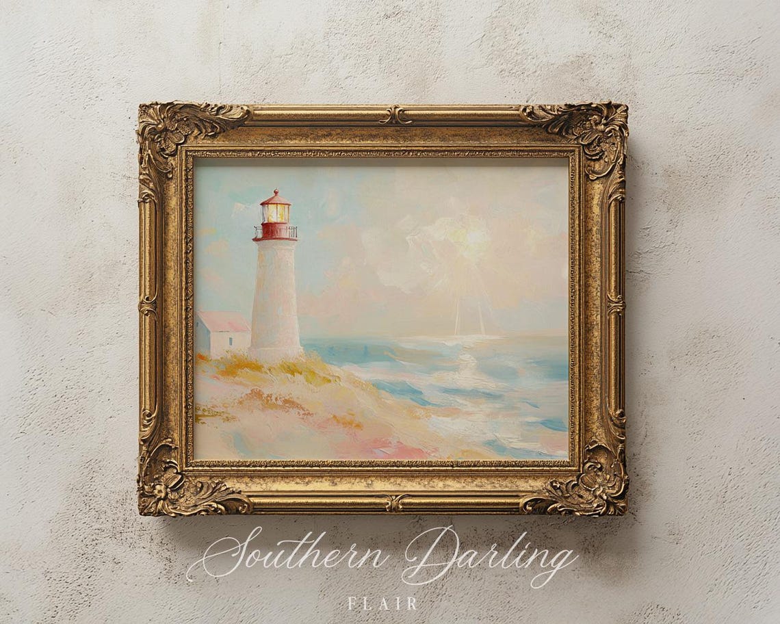 White Lighthouse On Coastal Cliffs Pastel Sunrise Ocean Scene Poster - Image 2