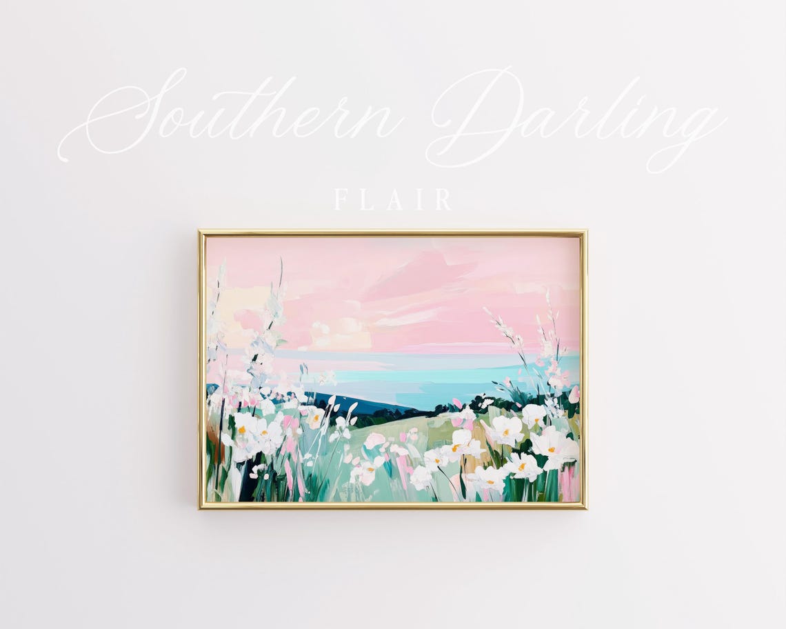 White Wildflowers Meadow Under A Pink Sky Pastel Landscape Poster - Image 2