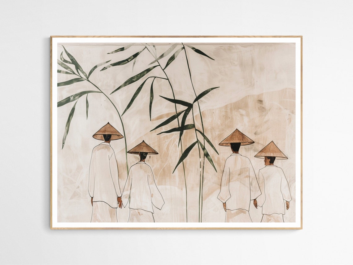 Peaceful Philippines Walk Villagers Bamboo Ink Wash Wall Art