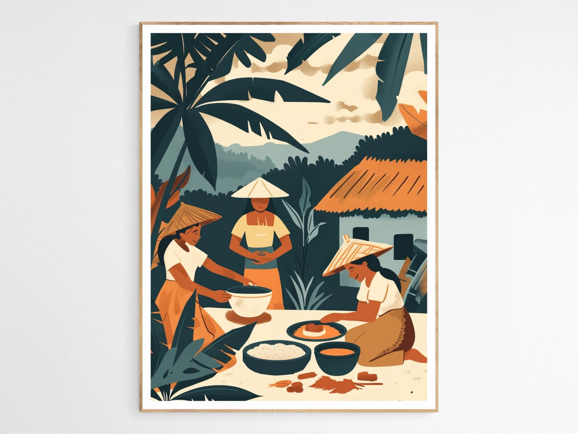 Filipino Villagers Preparing Food Nipa Hut Illustration Poster
