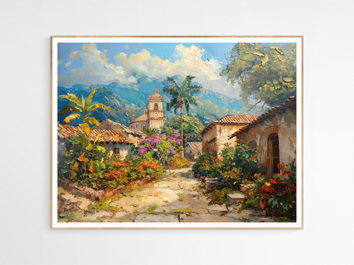 Mexican Flower Garden Church Plaza Mountain View Painting Poster