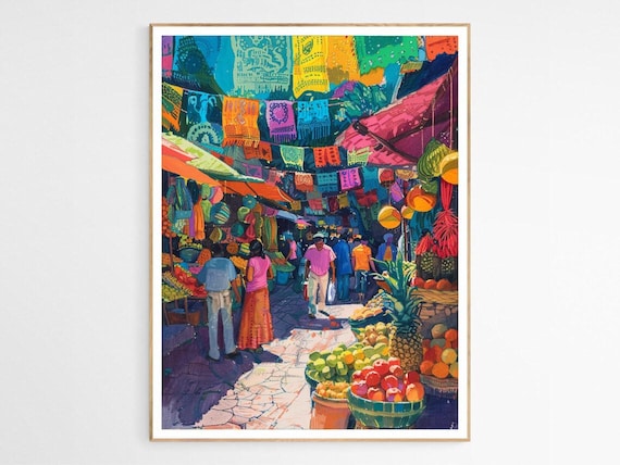 Mexican Market Stalls Colorful Mercado Fruit Painting Poster