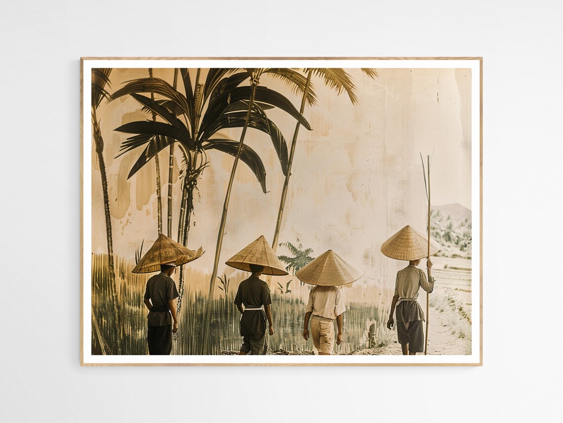 Filipino Rice Farmers Salakot Hats Sepia Toned Field Art Poster