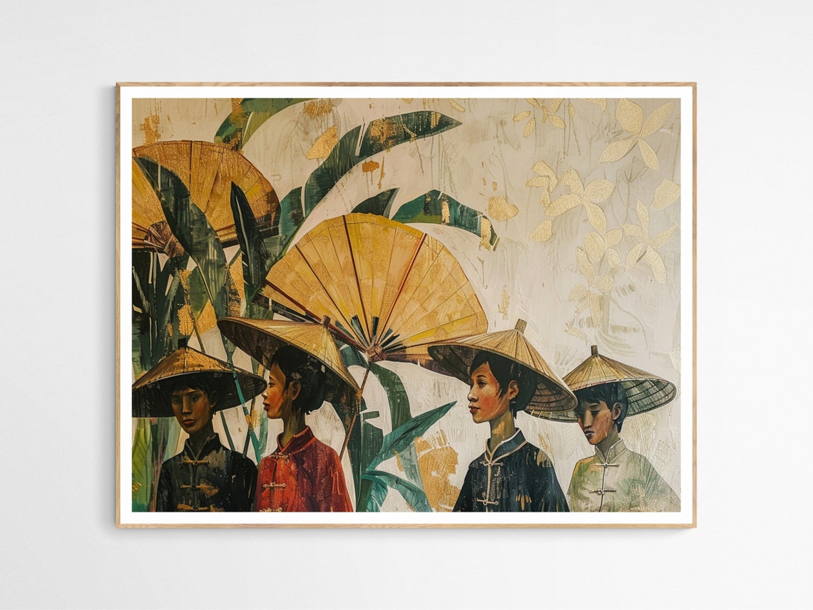 Tropical Village Women Conical Hats Golden Folk Art Scene Poster