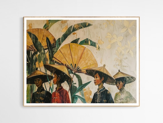 Tropical Village Women Conical Hats Golden Folk Art Scene Poster