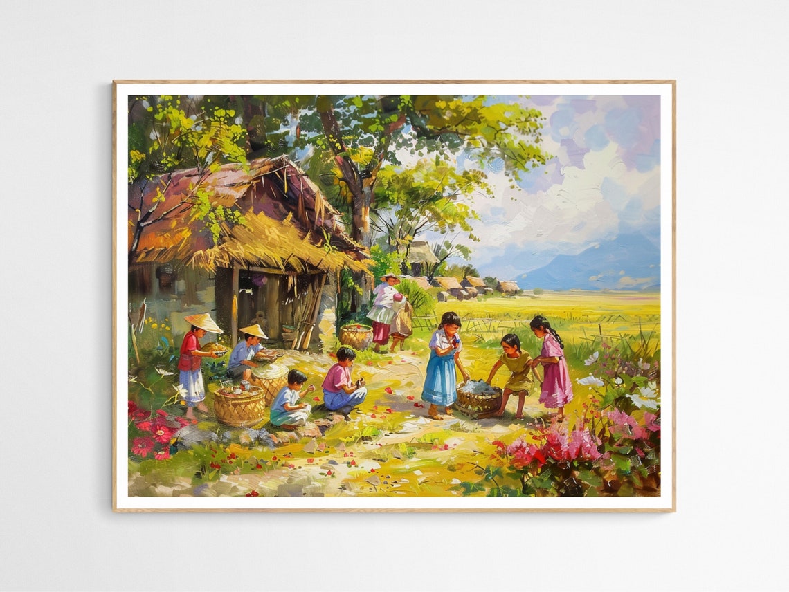 Tranquil Beauty Of The Philippines Art Print Children Playing In Flower Field For Culture Enthusiasts Filipino Life