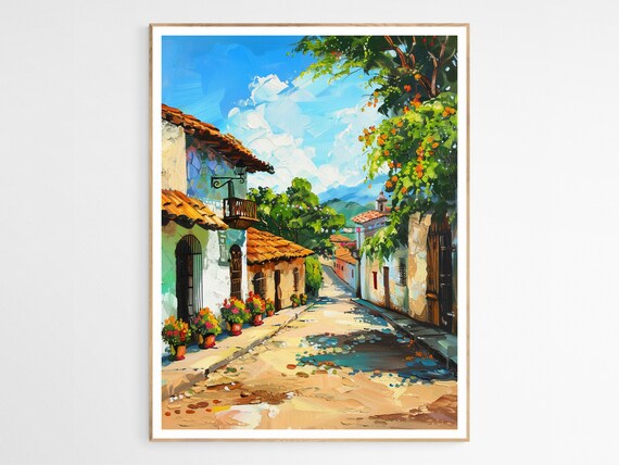 Mexican Village Cobblestone Street Flower Pots Impasto Poster