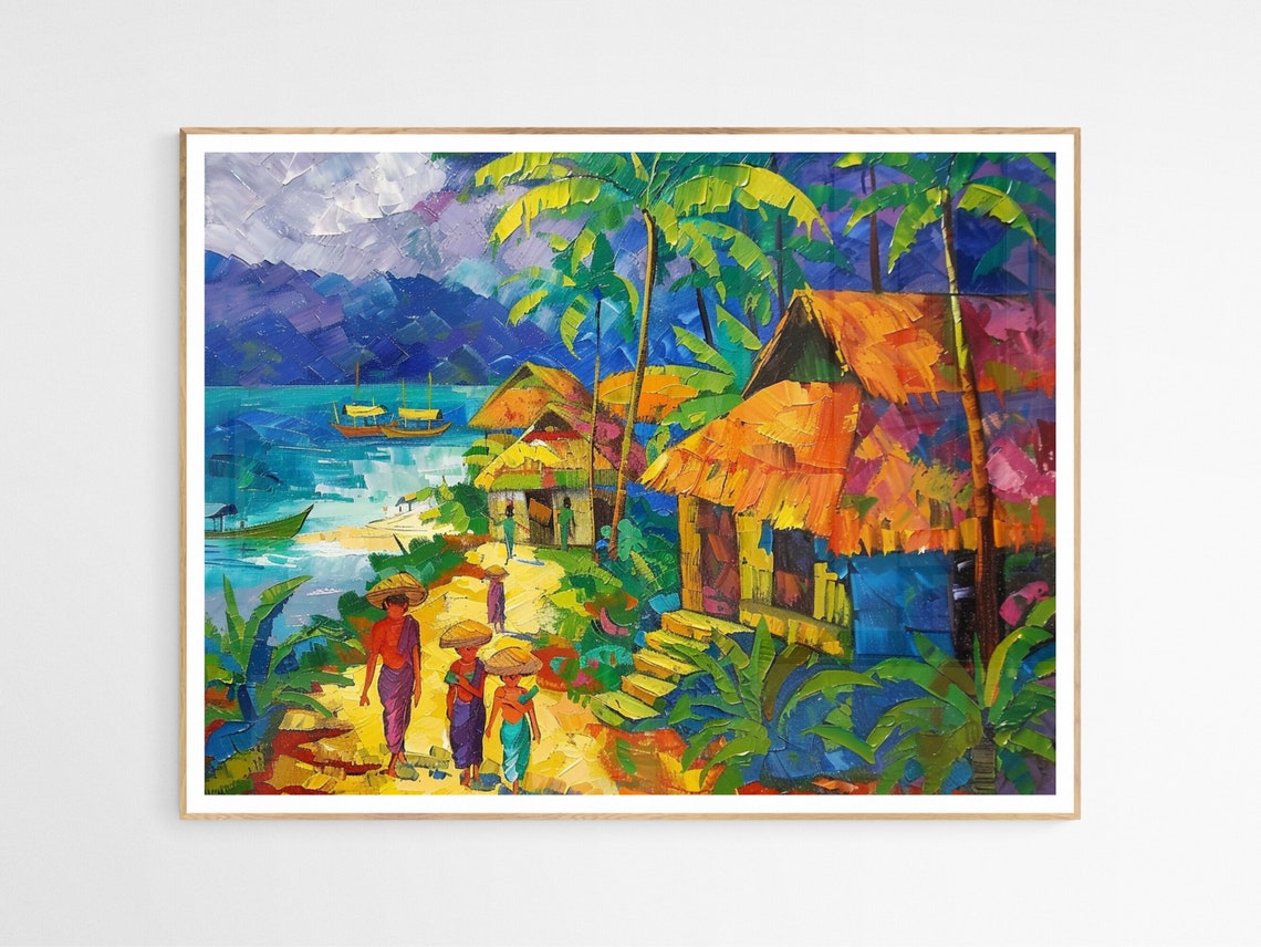 Philippines Coastal Fishing Village Impressionist Beach Art Poster