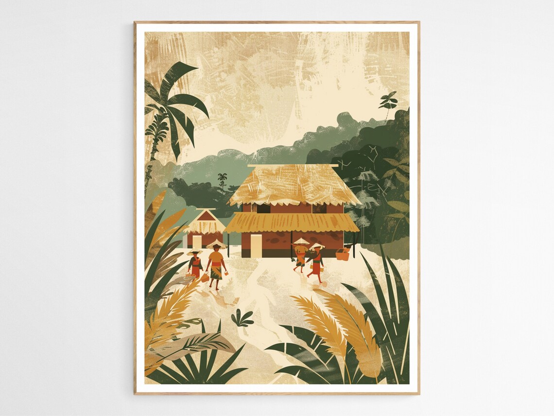 Philippines Village Thatched Huts Palm Vintage Travel Art Print