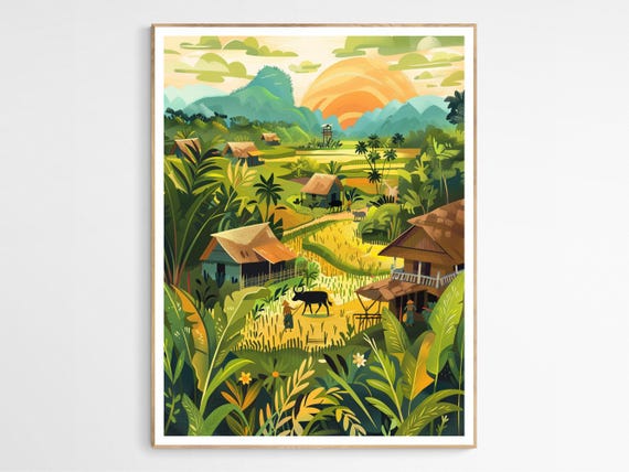 Lush Green Vietnam Art Print Traditional Vietnamese Farm Village Scene Home Decor Wanderlust