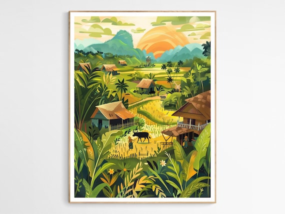 Vietnam Farm Village Rice Paddy Sunset Illustration Travel Print