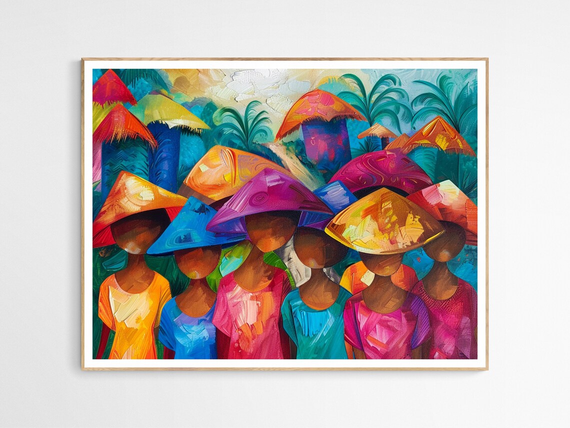 Colorful Filipino Villagers Conical Hats Abstract Cultural Art Print