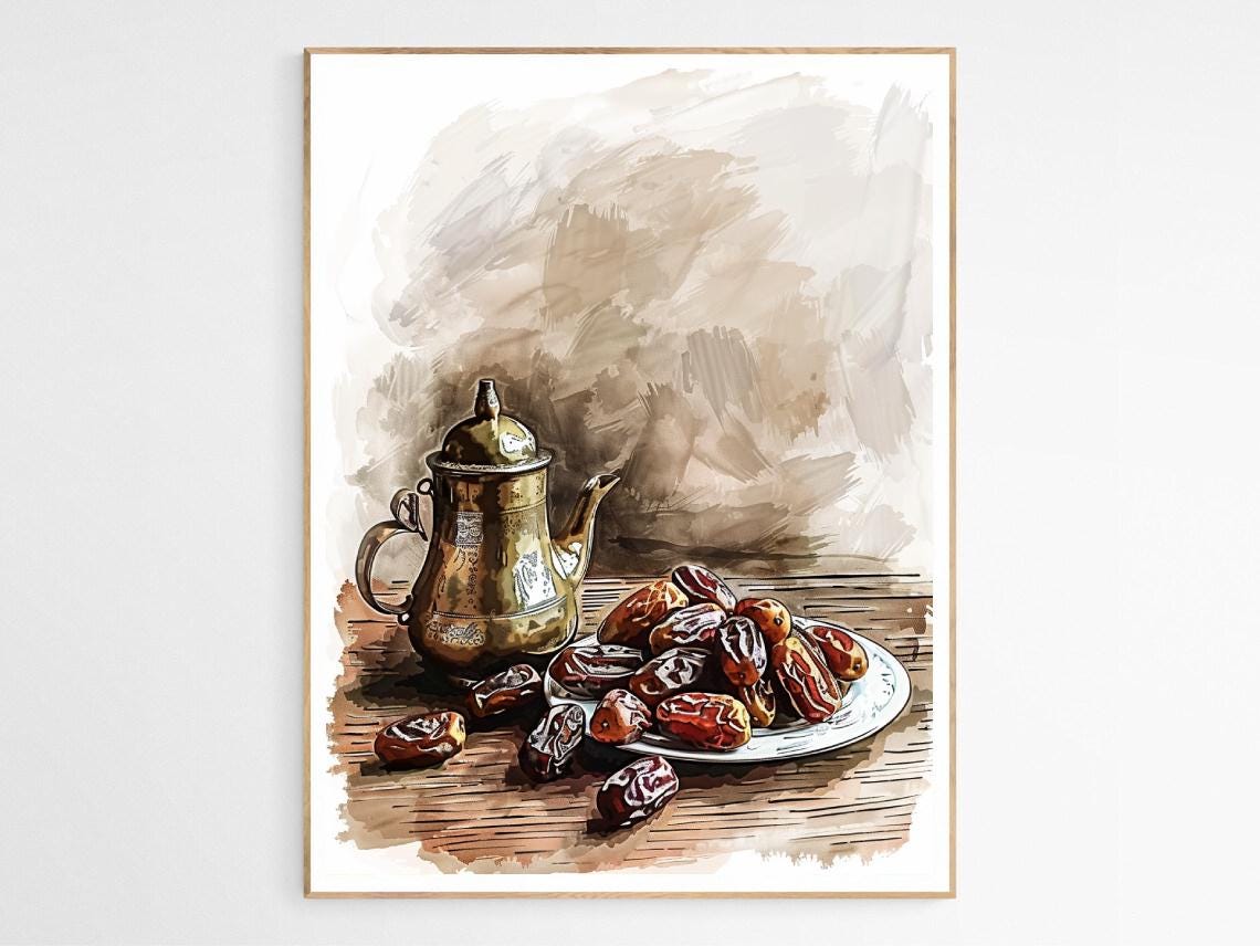 Ramadan Dates Watercolor Sketch Brass Pot Islamic Kitchen Poster