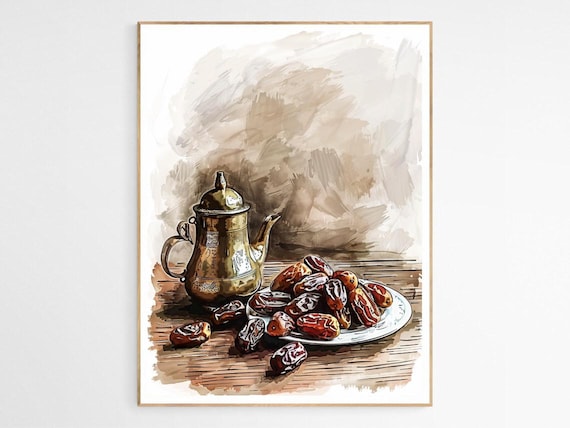 Ramadan Dates Watercolor Sketch Brass Pot Islamic Kitchen Poster