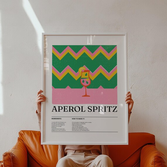 Aperol Spritz Cocktail Recipe Poster Retro Zigzag Kitchen Bar Decor