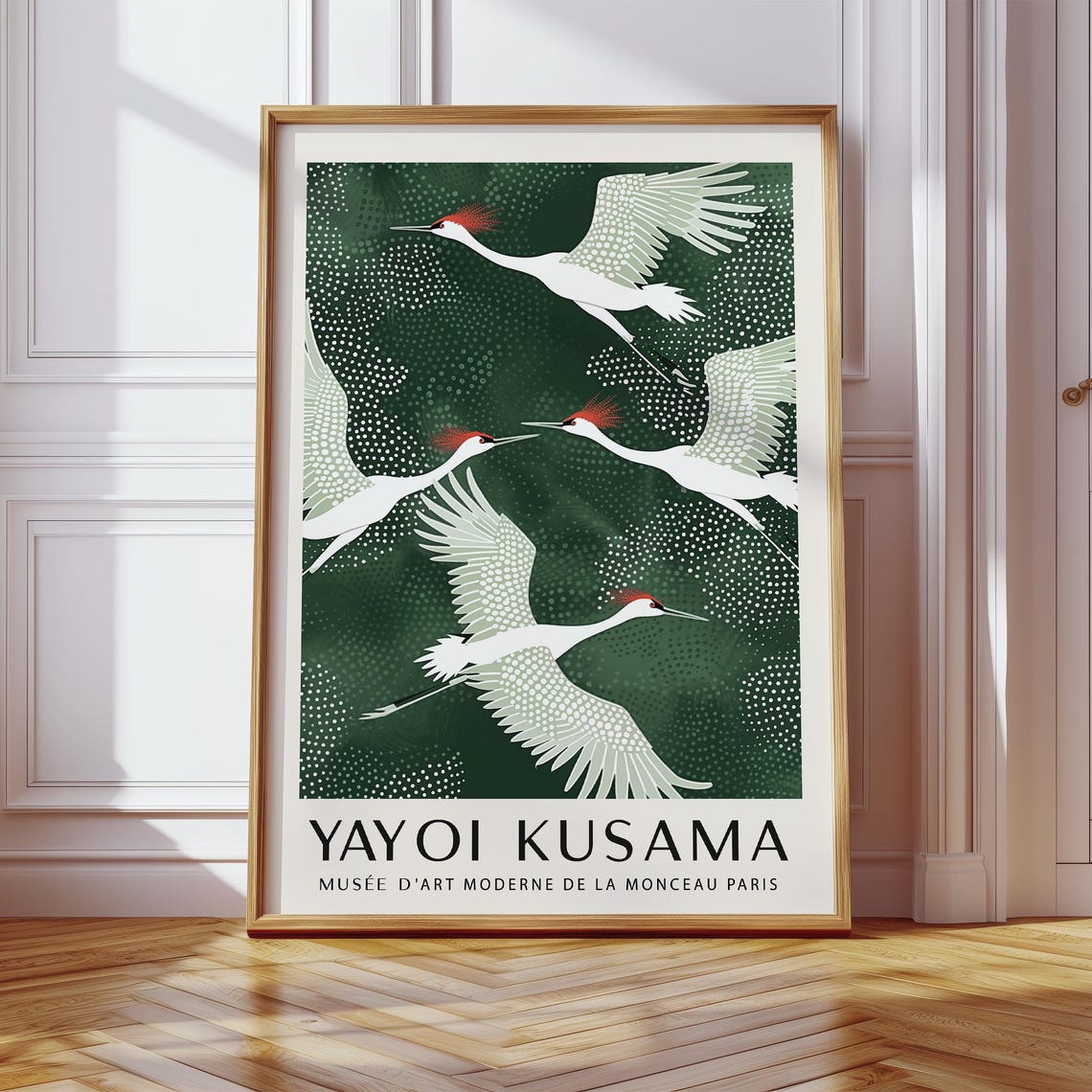 White Cranes Red Crowns Deep Green Modern Japanese Style Poster - Image 2