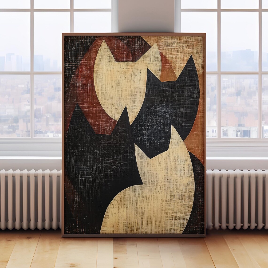 Vintage Abstract Cats Silhouette Trio Warm Earth Art Style Poster - Image 2