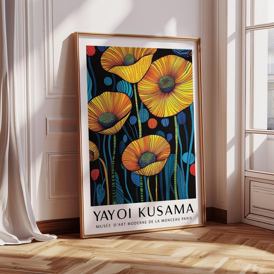 Art Of Poppies Bold Yellow And Orange Flower Print With Blue Accents Modern Floral Wall Art Inspired By Yayoi Kusama Print Japandi Decor