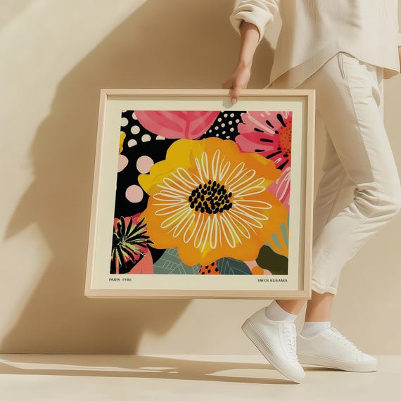 Bold Yellow Flower Wall Art Square Print For Vibrant Spaces Yayoi Kusama Print Floral Wall Art For Bedroom Living Room Bathroom Shelf