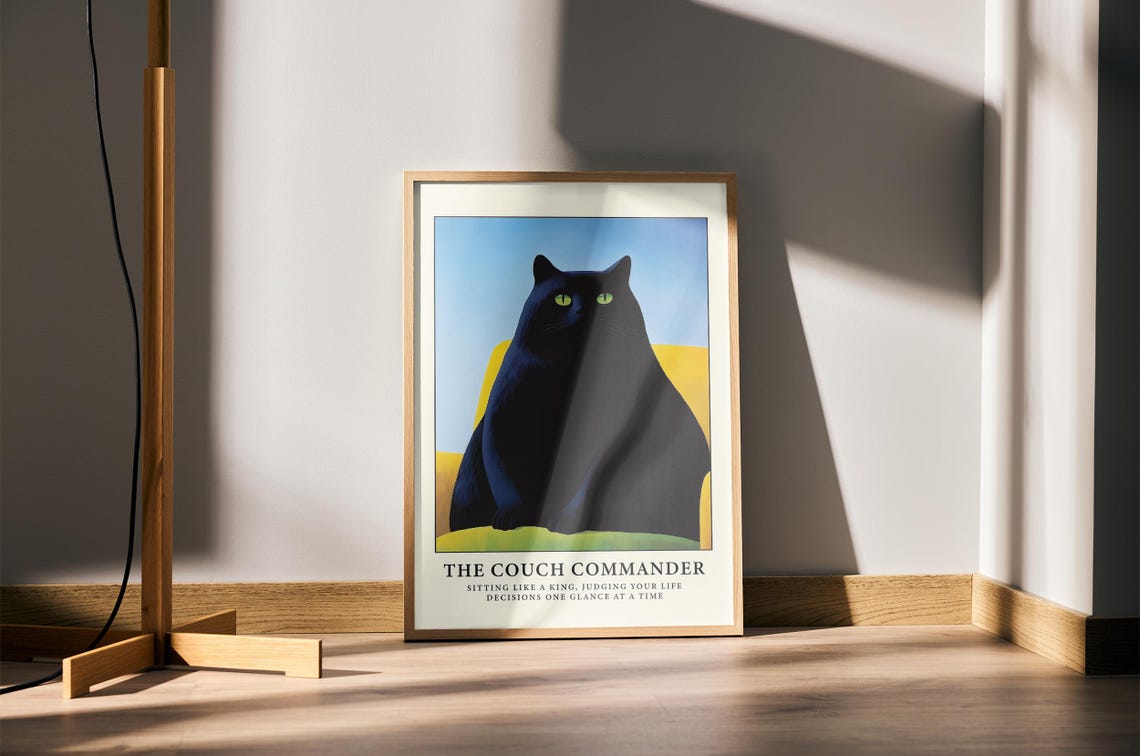 The Couch Commander Funny Judgmental Black Cat Humor Art Poster - Image 4
