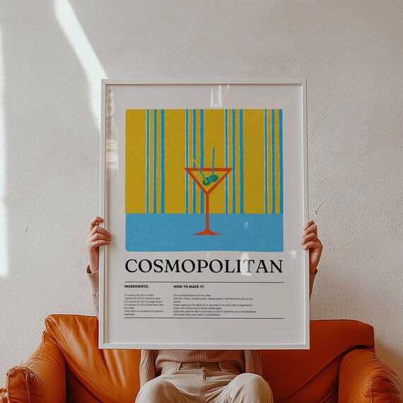 Cosmopolitan Cocktail Recipe Poster Retro Striped Yellow Blue