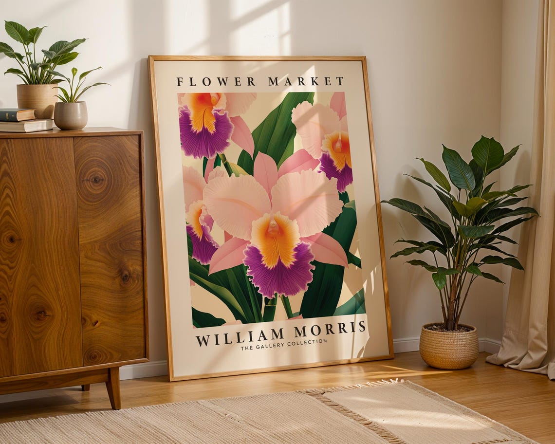 William Morris Flower Market Pink Cattleya Orchid Botanical Poster - Image 2