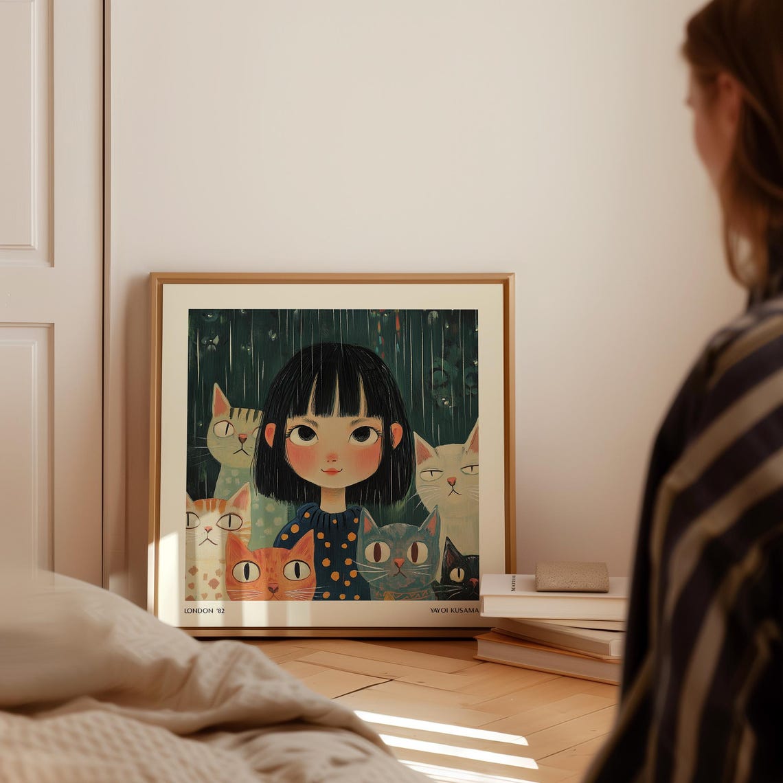 Girl With Cats Wall Art Print Whimsical Portrait Minimalist Japandi Decor For Living Room Bedroom Or Kids Spaces Poster Yayoi Kusama - Image 3
