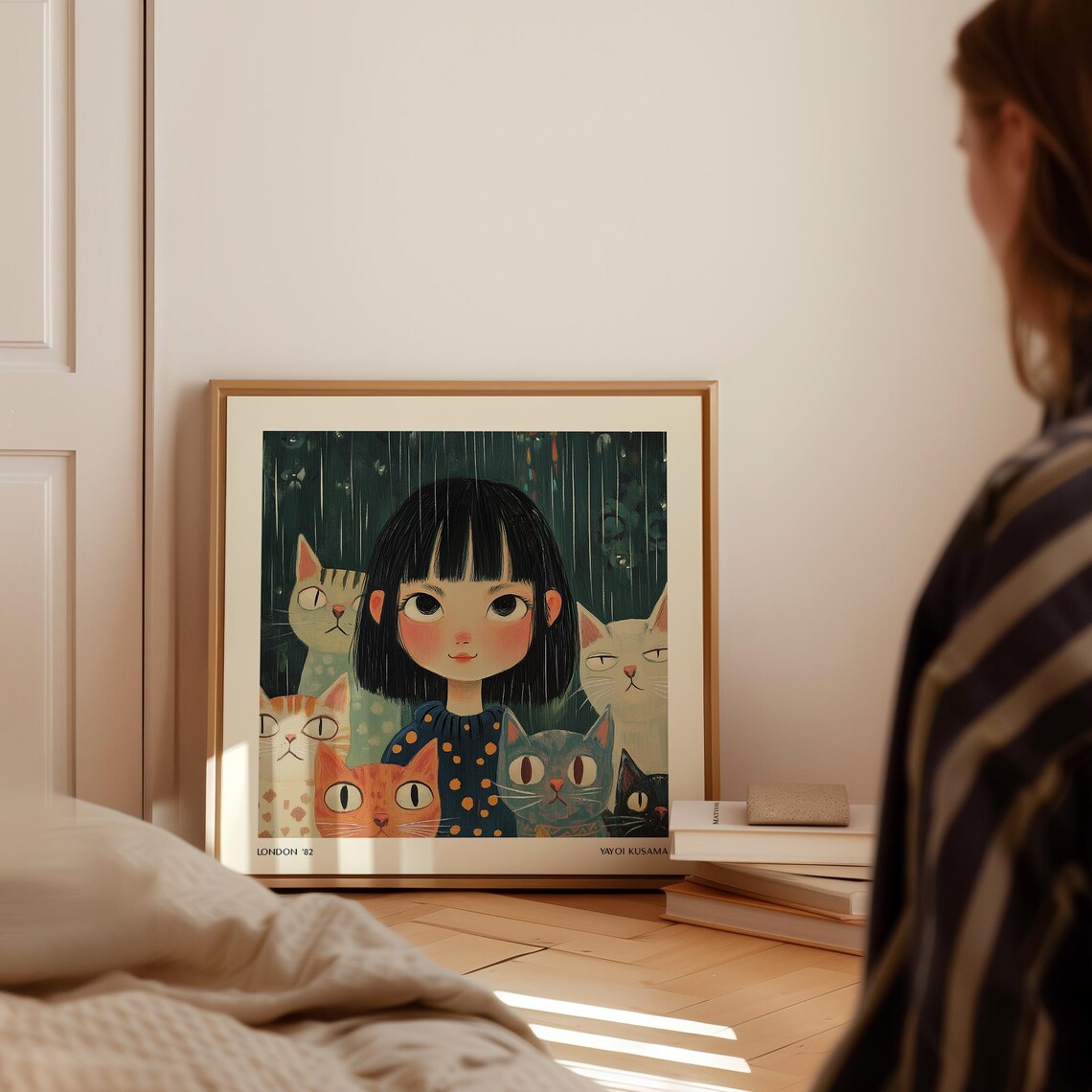 Sweet Girl Surrounded by Her Cats in the Rain Whimsical Poster - Image 3