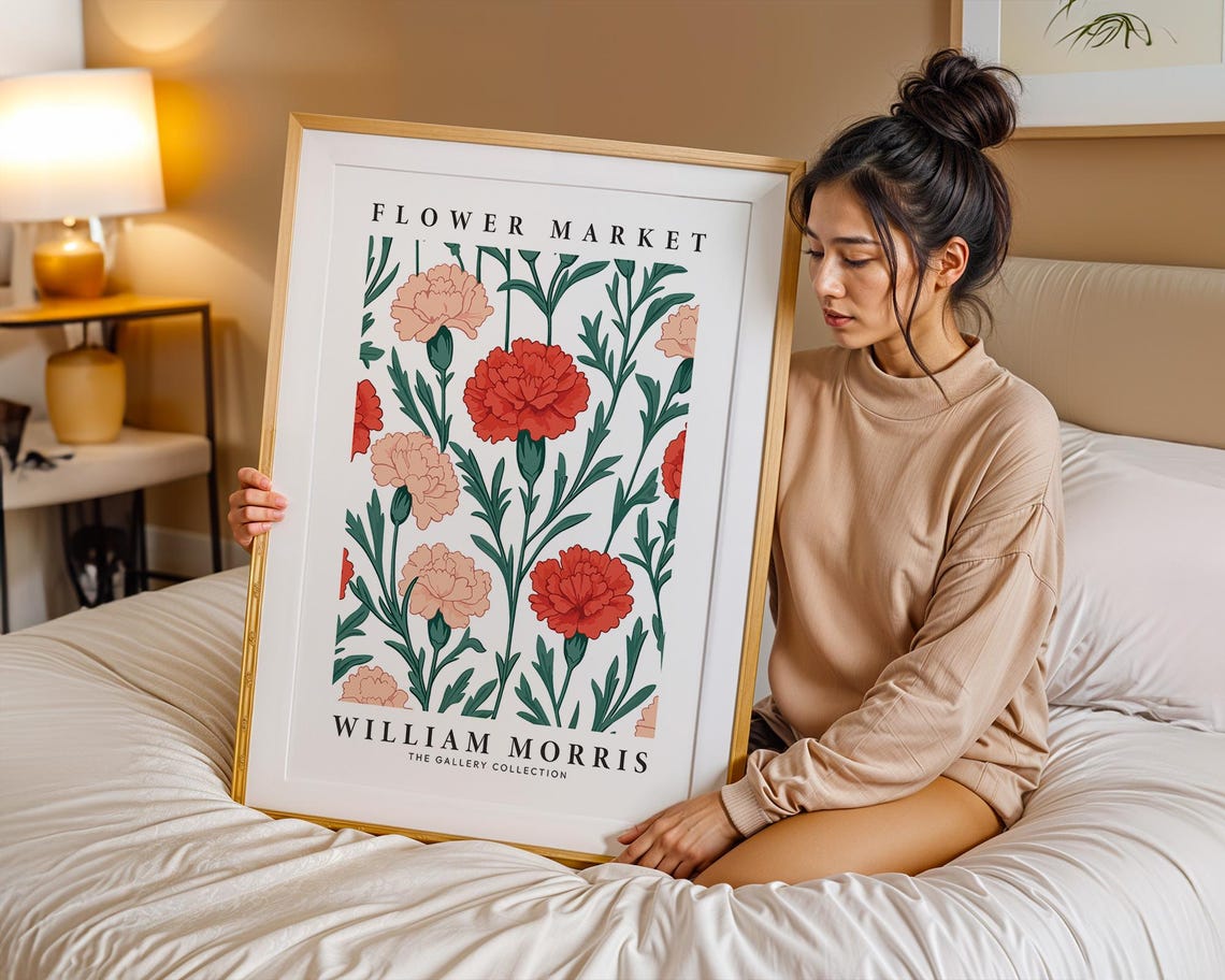 William Morris Flower Market Red Peach Carnation Pattern Poster - Image 3