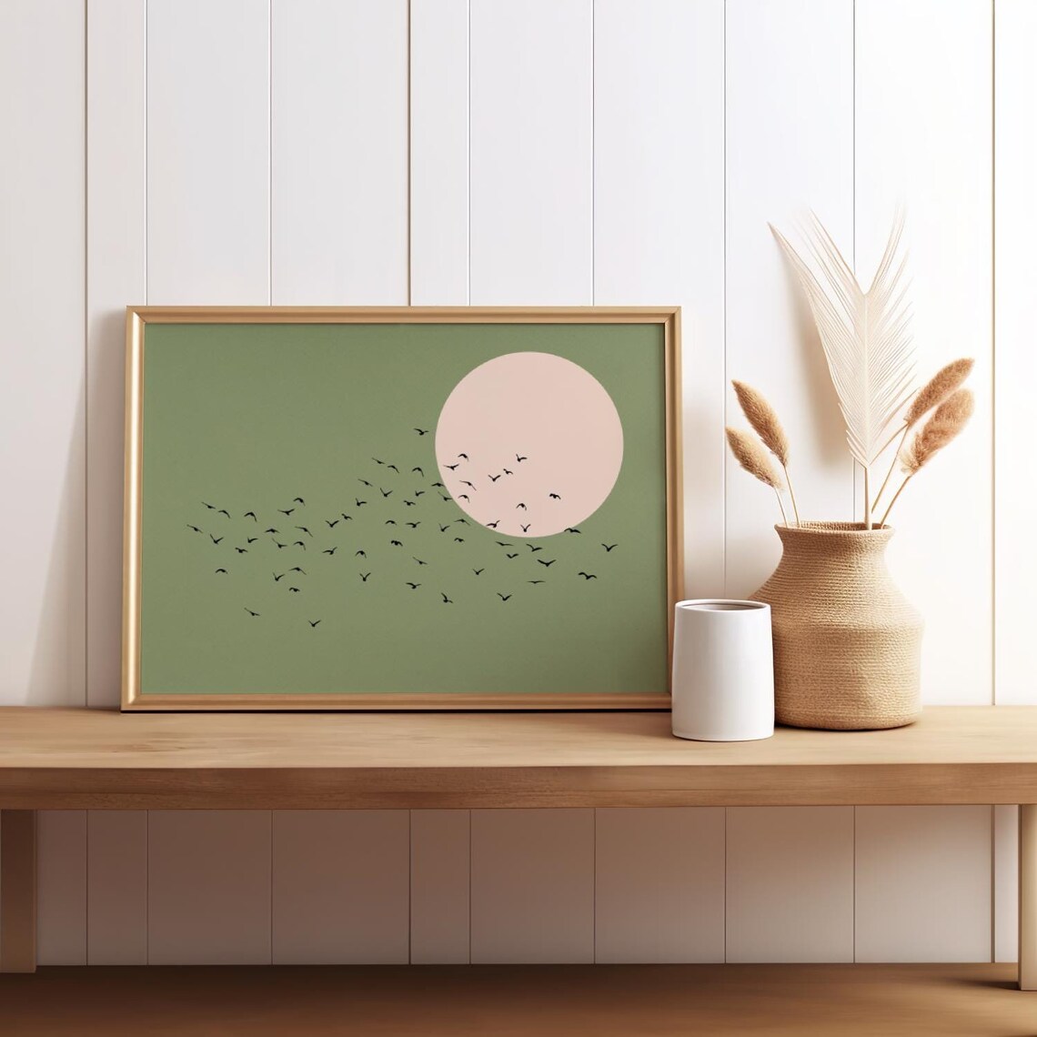Sage Green Japandi Sun Flock Of Birds Minimalist Calm Zen Poster