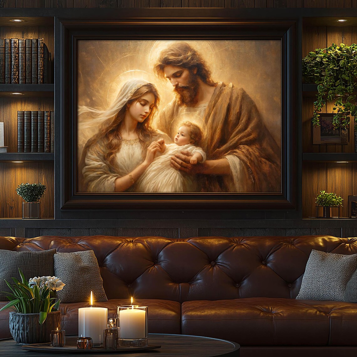 Holy Family Joseph Holding Infant Jesus With Mary Golden Halo Catholic Poster - Image 3