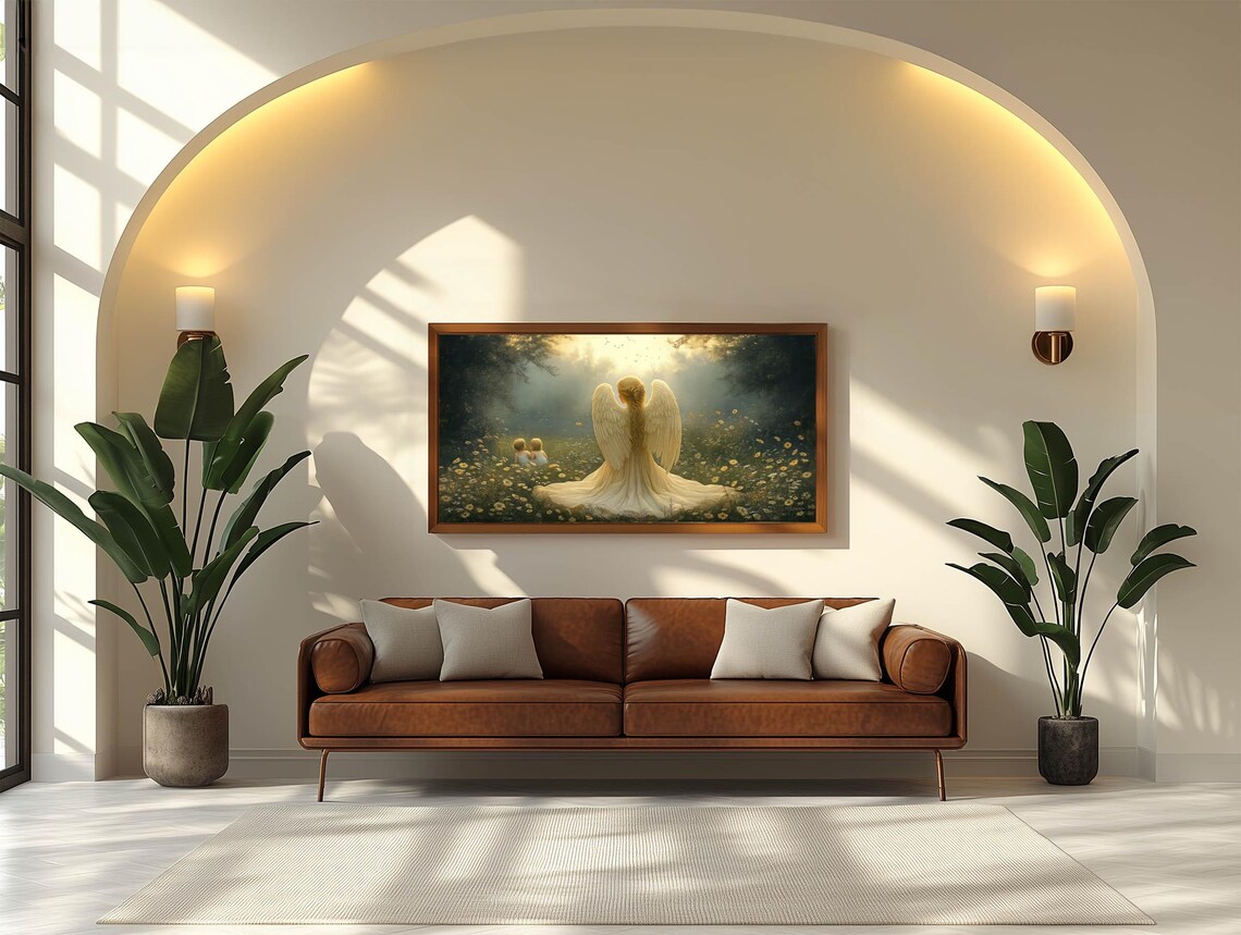 Guardian Angel Watching Over Children In Flower Meadow Panoramic Catholic Poster - Image 2