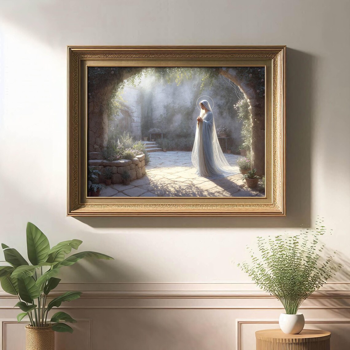 Marys Garden Virgin Mary Praying In Sunlit Stone Courtyard Catholic Poster - Image 5