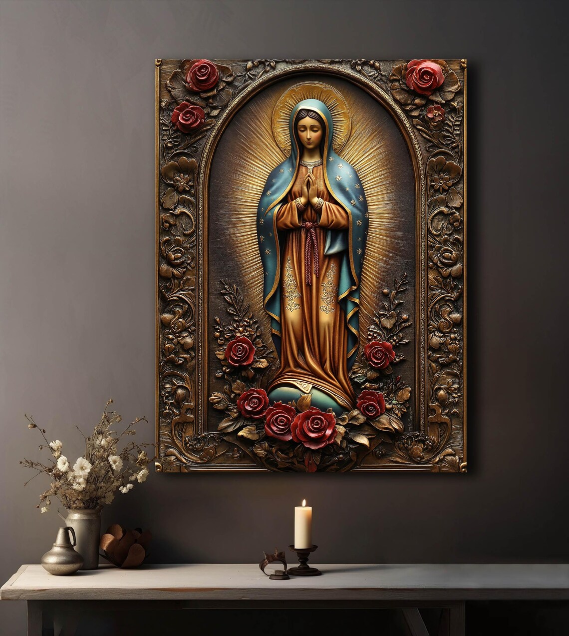 Our Lady Of Guadalupe Carved Wood Style With Red Roses Border Marian Poster - Image 5