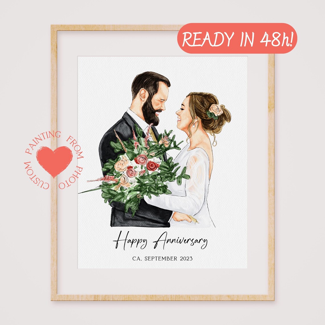 Happy Anniversary Wedding Couple Watercolor Portrait Poster Gift