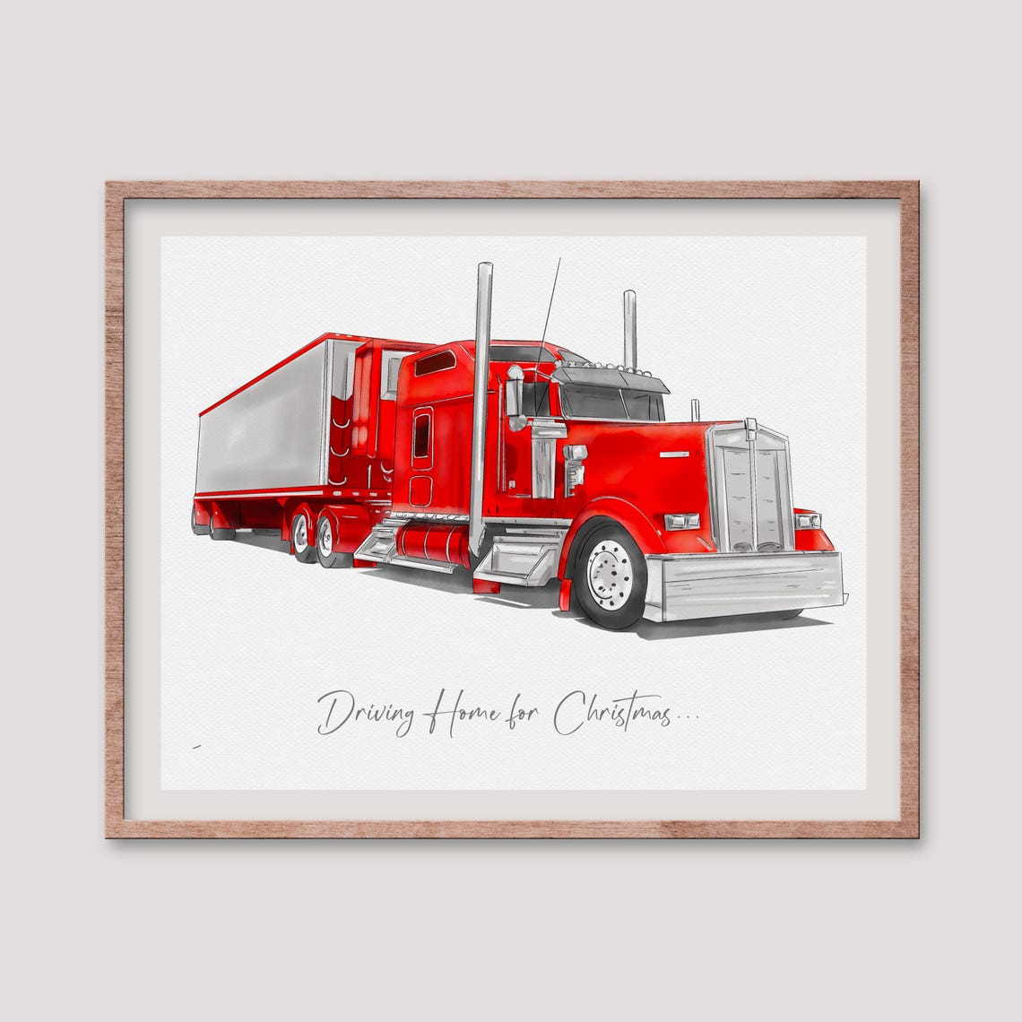 Red Semi Truck Driving Home for Christmas Custom Portrait Poster